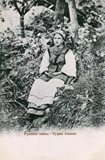 Countryfolk Prints: Sullen Russian girl seated in the undergrowth