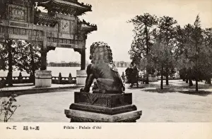 Beijing Prints: The Summer Palace, Beijing, China - Wooden Gate - stone lion