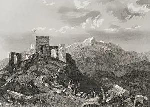 Pilgrims Prints: Summit of Mount Sinai. Ruins of a temple. Engraving