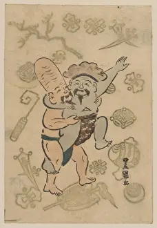 Sumo Prints: Sumo match between Daikoku and Fukurokuju