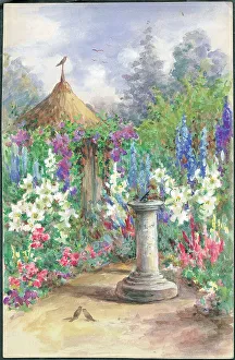 Pressland Prints: Sundail with lillies and Delphinians