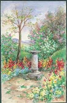 Sundial Wallfowers Lilacs Garden with flowers