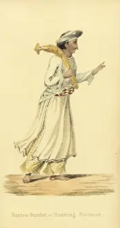 Handcoloredcopperplate Prints: Suntoo-burdar, hurkaru or Indian running footman