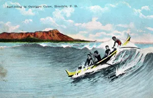 Unites Prints: Surfing in an outrigger canoe, Waikiki Beach, Honolulu