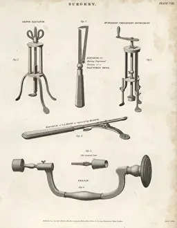 Surgicalequipment Prints: Surgical equipment including elevator and trepans, 19thC