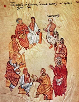 Romans Collection: Surveyors sitting in a circle during a meeting. Miniature of