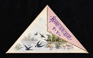 Swallows Prints: Swallows in flight on a triangular New Year card