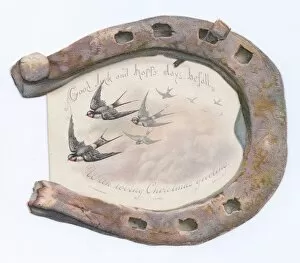 Images Dated 3rd December 2015: Swallows and rusty horseshoe on a Christmas card