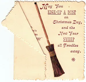 Sweeping brush with comic verse on a Christmas card
