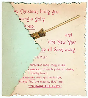 Sweeping brush with comic verse on a Christmas card