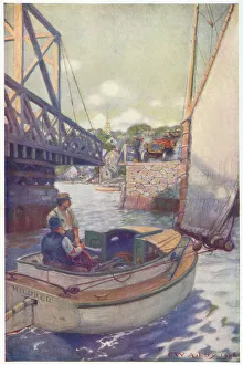 Waits Prints: SWING BRIDGE, somewhere in America : a sailboat waits for it to swing open