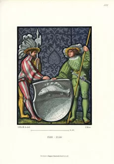 Swiss knights in battle garb holding a heraldic shield