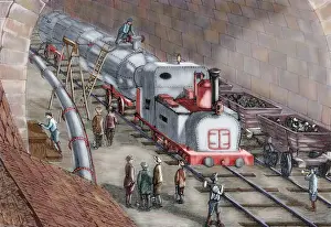 Drill Prints: Switzerland. 19th century. Locomotive driven by compressed a