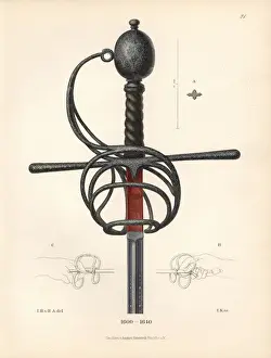 Hilt Prints: Sword hilt with knob and hook in iron and silver