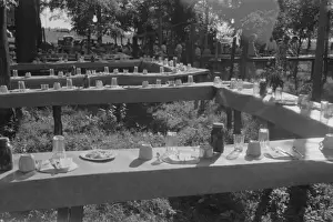 Pic Nic Prints: Table in picnic grove set for St. Thomas church supper near