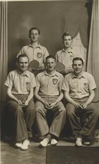 Shirts Gallery: Five table tennis players, three posing with their trophies. Date: c.1935