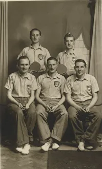 Shirts Gallery: Five table tennis players, three posing with their trophies. Date: c.1935