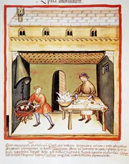 Tacuinum Sanitatis. 14th century. Man removing the liver of c
