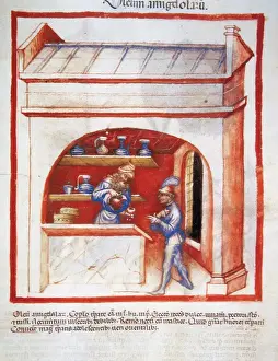 Pain Prints: Tacuinum Sanitatis. The apothecary sells almond oil to a man