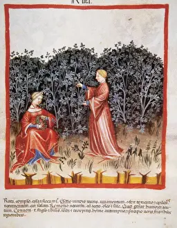 Medicinal Prints: Tacuinum Sanitatis. Late XIV century. Women making a crown w