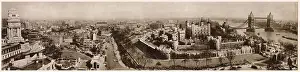 Taken from All Harrows church, this panoramic view from Port of London Authority Building, on the left to Tower Bridge and the South Bank of the River Thames, includes the entire of the Tower of London, which covers 13 acres. Date: 1958