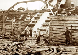 Quebec Prints: Taking logs from the river, Montmorency, Quebec, Canada