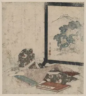 Tale of the heike and a lute next to a standing screen