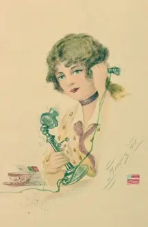 Talking on the telephone, postcard