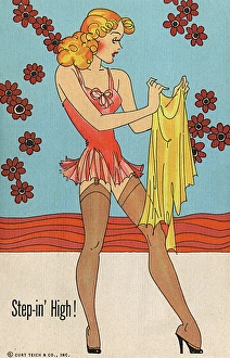Allure Gallery: Tall blonde with pink nightdress and stockings