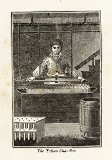 Rack Prints: Tallow chandler making candles in a workshop