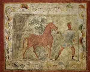 Antique Prints: Taming horse. Roman painting. Domus. 4th C. Merida (Augusta