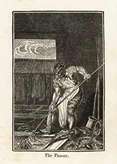 Tanning Prints: Tanner moving a leather hide in a liming pit in a tannery