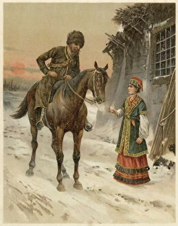 Images Dated 18th March 2021: A Tartar on horseback halts in the snow at sunset for a warming drink Date
