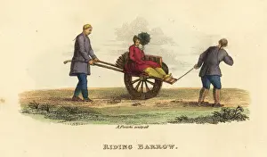 Howlett Prints: Tartar woman riding on a one-wheel barrow drawn by servants