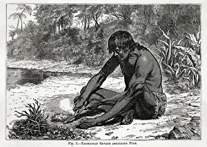 Obtaining Prints: A Tasmanian native obtaining fire by rubbing two sticks together Date: 1860s