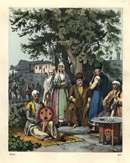 Crimea Prints: Tatar musicians in a Crimean town square, mid 19th century