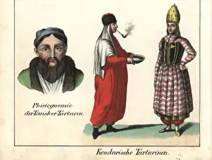 Tatar women smoking a pipe and wearing a miter