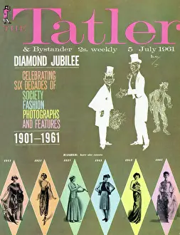 Tatler Front Cover - White illustration on a dark green background, of two men in top hats and suits, with a man in ragged clothes standing behind them