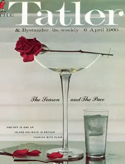 Petals Prints: Tatler Front Cover - A wilting red rose is balanced on top of a nearly empty champagne glass