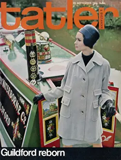 Guildford Prints: Tatler Front Cover - Woman in a grey doeskin jacket and navy leather helmet