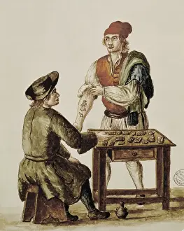 Water Colour Prints: The Tattoo, illustration by Gravenbroch. Watercolour