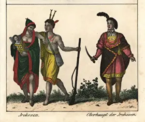 Tattoo Prints: Tattooed Iroquois man, woman and baby in papoose, and chief