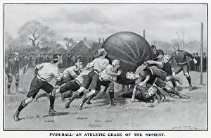 Goal Prints: Two teams with eight players pushing a enormous 6 ft ball made from nine hides of horses