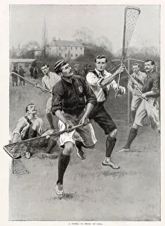 Racket Prints: Two teams playing a friendly game of lacrosse. Date: 1902