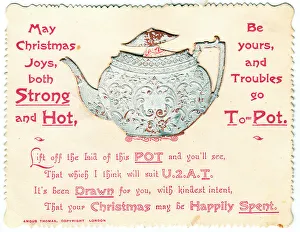Teapots Prints: Teapot with comic verse on a Christmas card