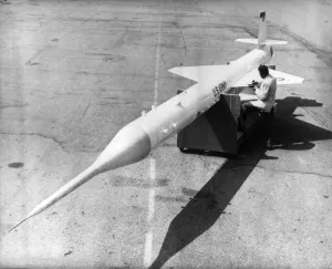 Guided Prints: A technician checks over a Lockheed Kingfisher guided missil