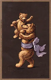 Teddy bear mother and child on a postcard