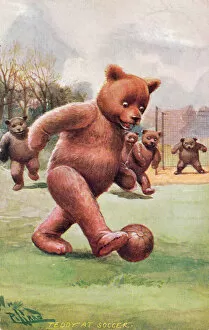 Teddy bear playing football