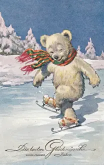 Bears Prints: Teddy bear skating on a German New Year postcard
