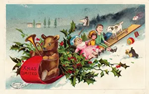 Teddy bear and toys on a Christmas postcard